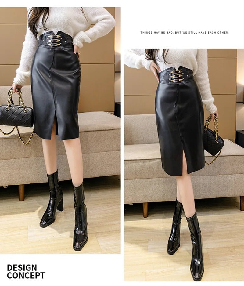 Black High Waist Leather Pencil Skirt for Women - Windia