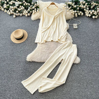 Casual Two-Piece Knit Sweat Suit | Tie-Front Top & Wide Leg Pants Set - Windia