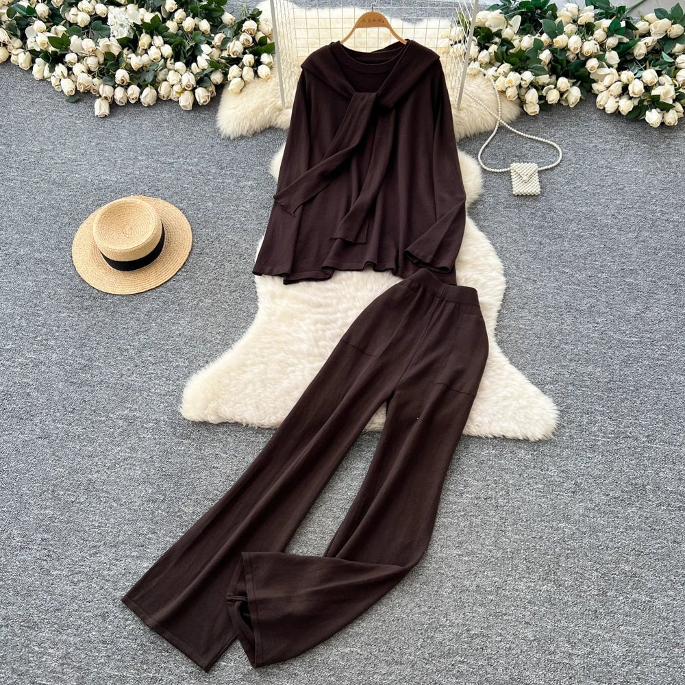Casual Two-Piece Knit Sweat Suit | Tie-Front Top & Wide Leg Pants Set - Windia