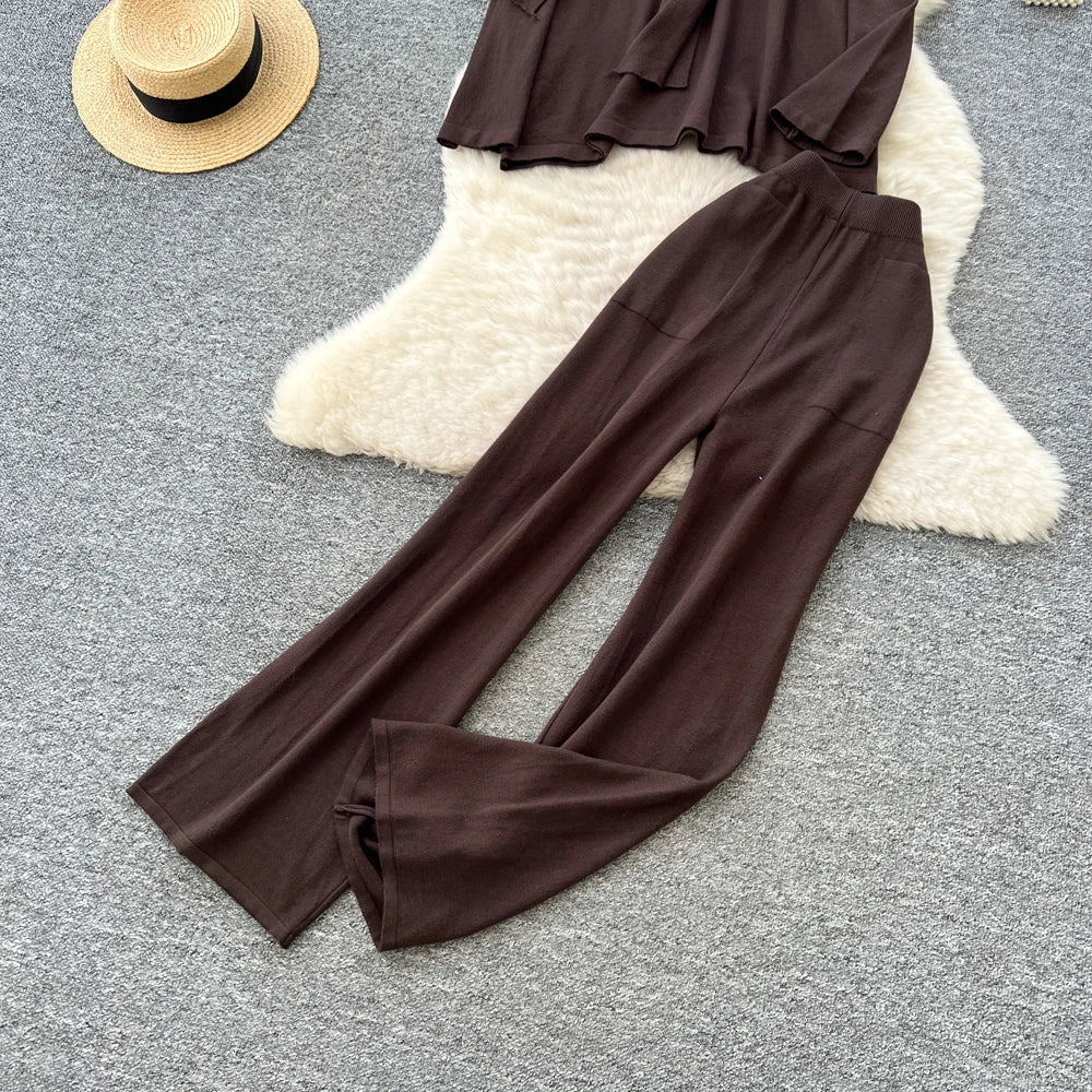 Casual Two-Piece Knit Sweat Suit | Tie-Front Top & Wide Leg Pants Set - Windia