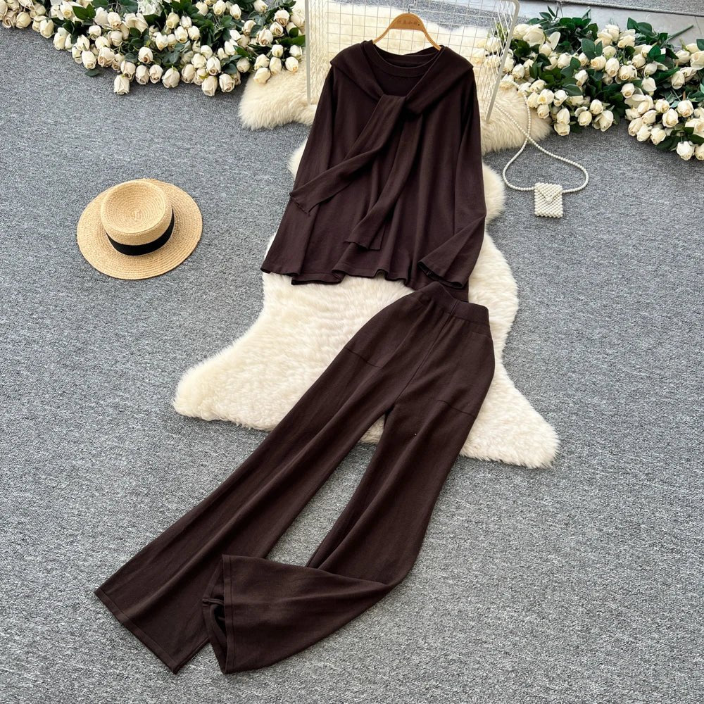 Casual Two-Piece Knit Sweat Suit | Tie-Front Top & Wide Leg Pants Set - Windia