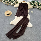 Casual Two-Piece Knit Sweat Suit | Tie-Front Top & Wide Leg Pants Set - Windia