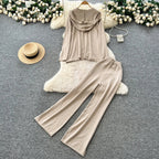 Casual Two-Piece Knit Sweat Suit | Tie-Front Top & Wide Leg Pants Set - Windia