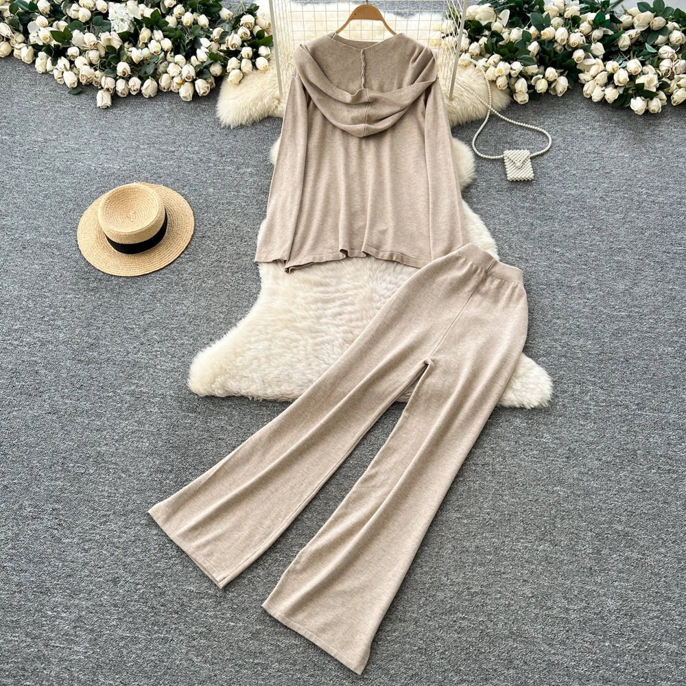 Casual Two-Piece Knit Sweat Suit | Tie-Front Top & Wide Leg Pants Set - Windia