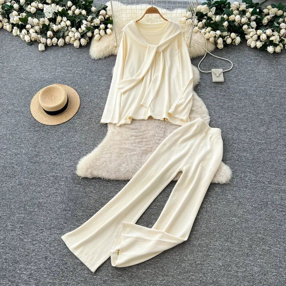 Casual Two-Piece Knit Sweat Suit | Tie-Front Top & Wide Leg Pants Set One size Windia