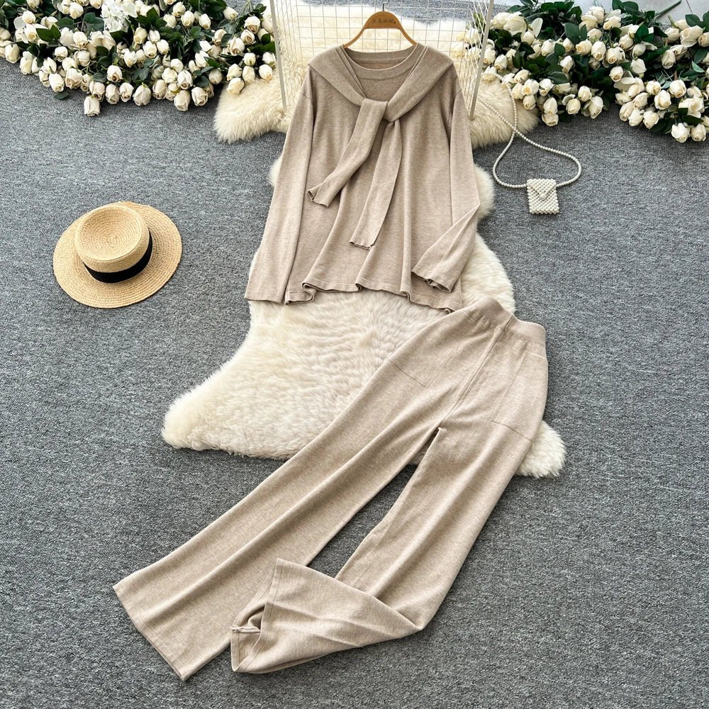 Casual Two-Piece Knit Sweat Suit | Tie-Front Top & Wide Leg Pants Set - Windia