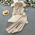 Casual Two-Piece Knit Sweat Suit | Tie-Front Top & Wide Leg Pants Set - Windia