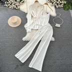 Korean-Style Casual Two-Piece Set — Polo-Collar Knitted Top & Pants One size Windia