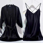 Luxury 100% Mulberry Silk Sleepwear Robe Set Black Windia