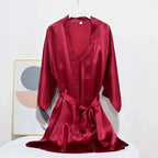 Luxury 100% Mulberry Silk Sleepwear Robe Set Black Windia
