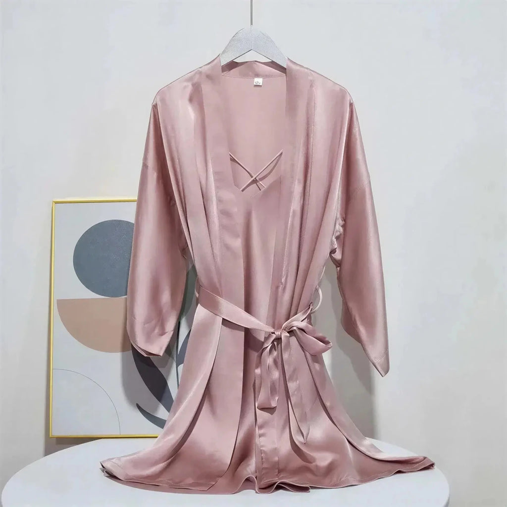 Luxury 100% Mulberry Silk Sleepwear Robe Set Black Windia