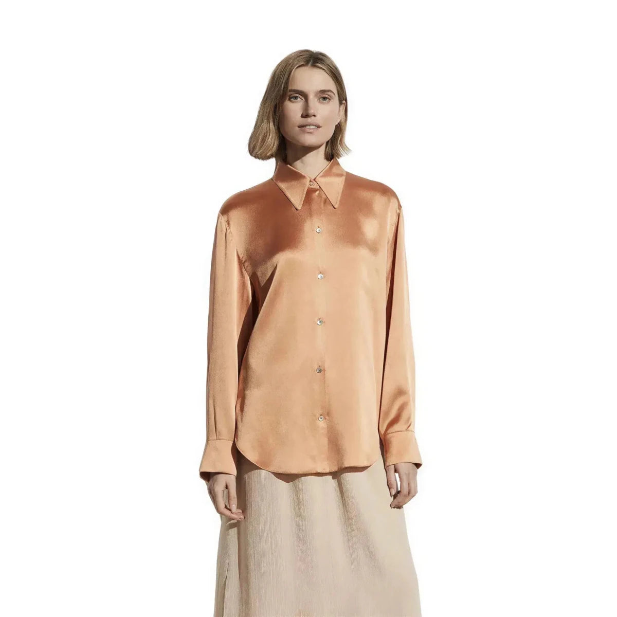 Pearl Silk Satin Lapel Shirt Embellished 100% Silk Satin Long Sleeve Blouse S Windia