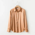 Pearl Silk Satin Lapel Shirt Embellished 100% Silk Satin Long Sleeve Blouse S Windia