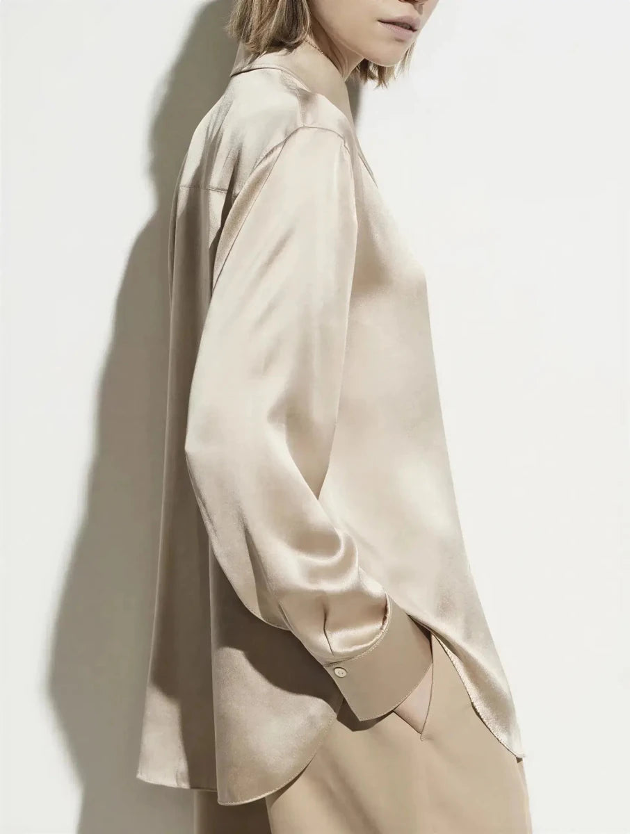 Pearl Silk Satin Lapel Shirt Embellished 100% Silk Satin Long Sleeve Blouse S Windia