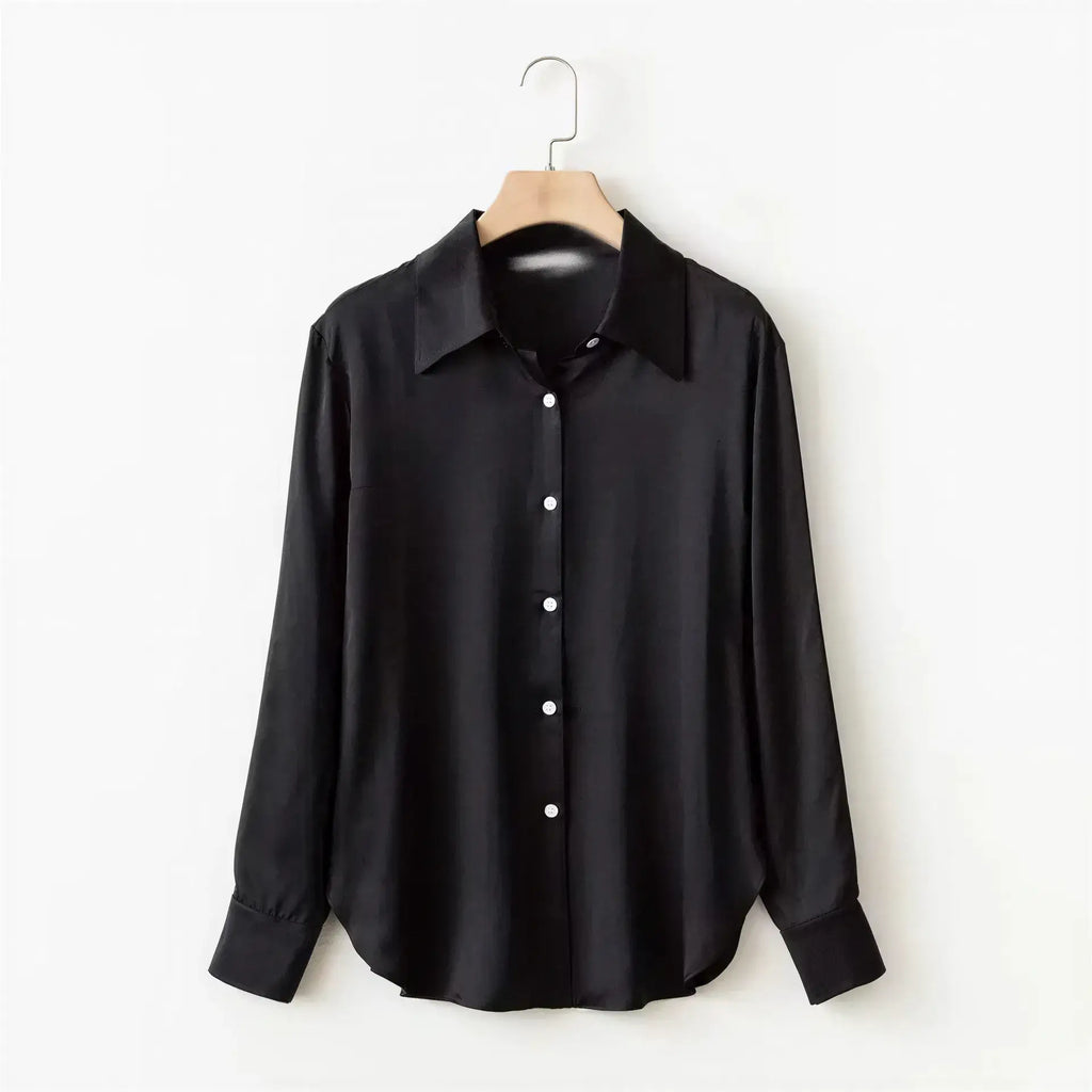 Pearl Silk Satin Lapel Shirt Embellished 100% Silk Satin Long Sleeve Blouse S Windia