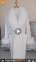 Damen langer Wollmantel mit Fuchsfellkragen