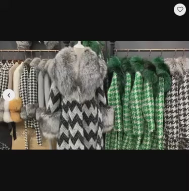 Fox Fur Collar & Cuffs Women's Cashmere Wool Overcoat – Handmade Houndstooth Winter Coat