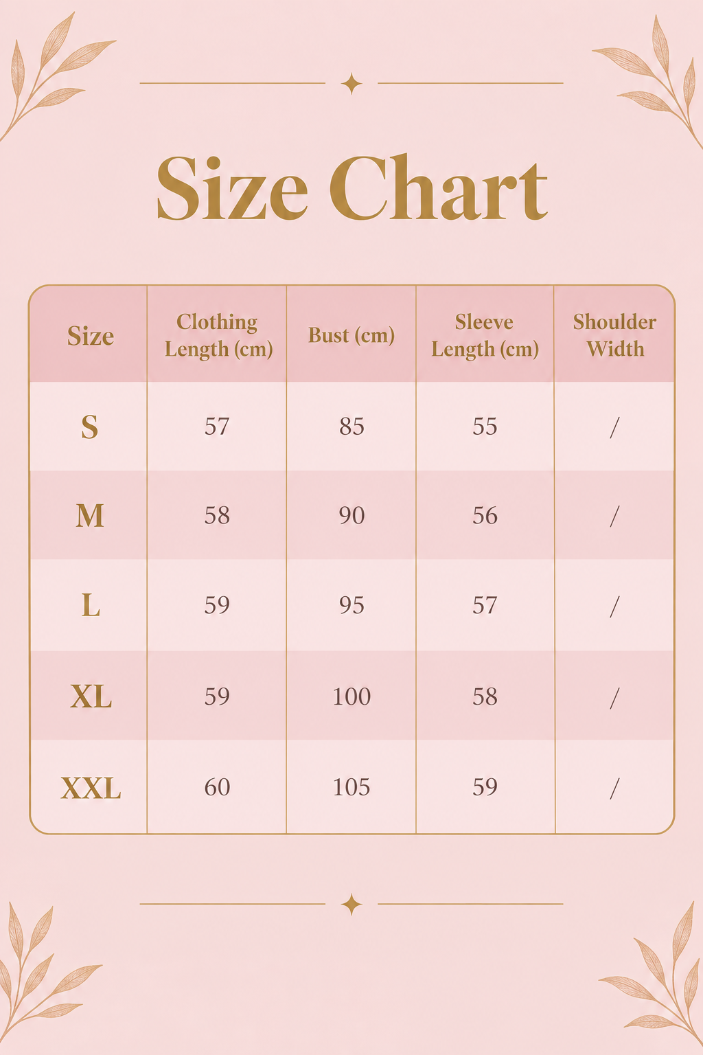 Size chart in rose pink and gold