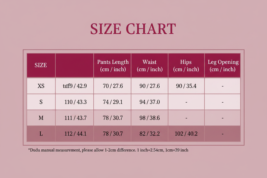 Size Chart in Shop Colours