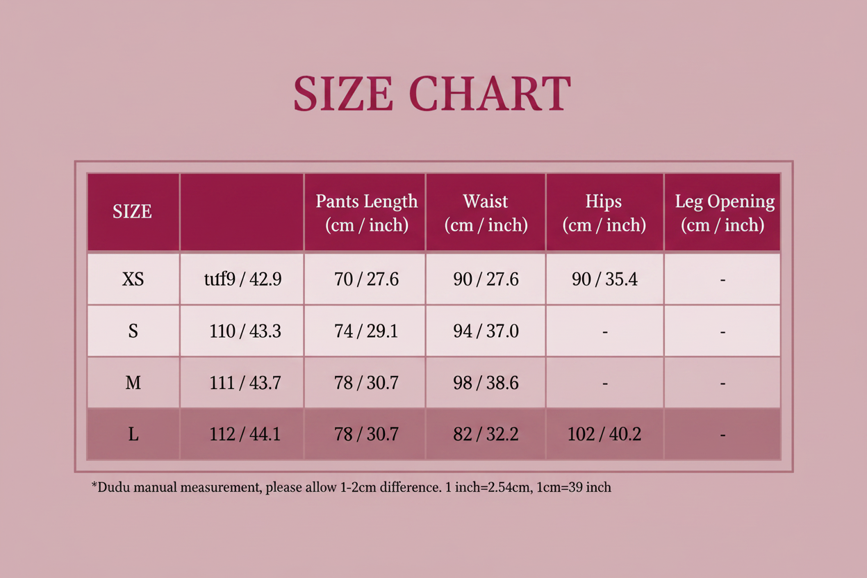 Size Chart in Shop Colours