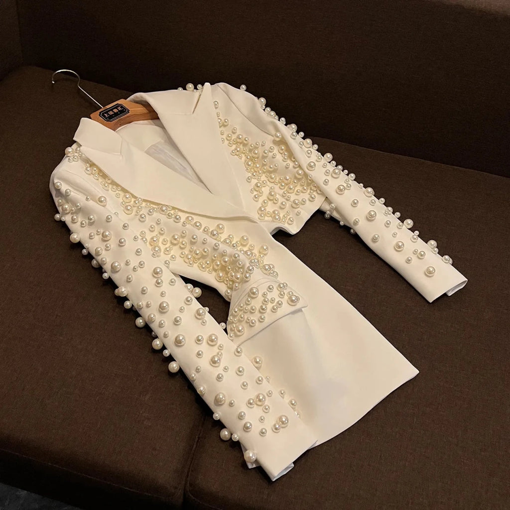 Stylish Asymmetric Design Lady Luxury Beading Notched Long Sleeve Blazer A-line Mini Skirt Women 2pcs - Windia