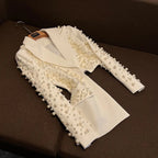 Stylish Asymmetric Design Lady Luxury Beading Notched Long Sleeve Blazer A-line Mini Skirt Women 2pcs - Windia