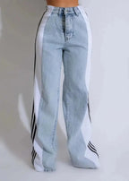 Wide Leg Denim Jeans for Women – Contrast Stripe High-Waist Palazzo Pants 2XL Windia