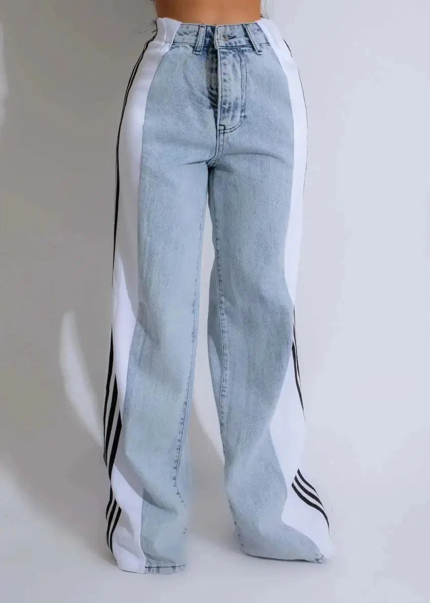 Wide Leg Denim Jeans for Women – Contrast Stripe High-Waist Palazzo Pants S Windia