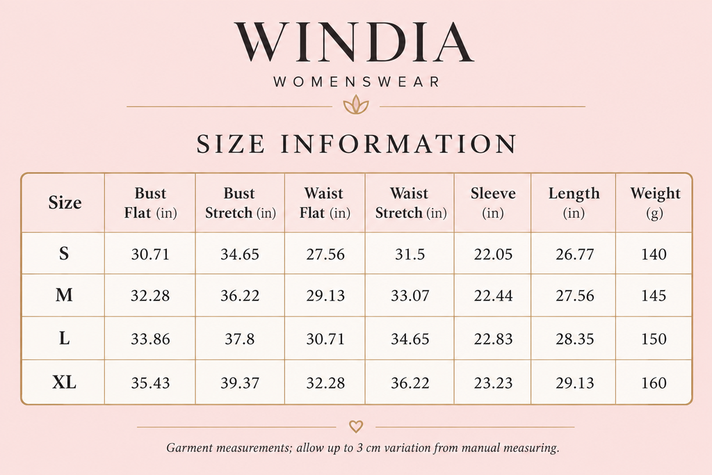 Windia blush and rose-gold size chart