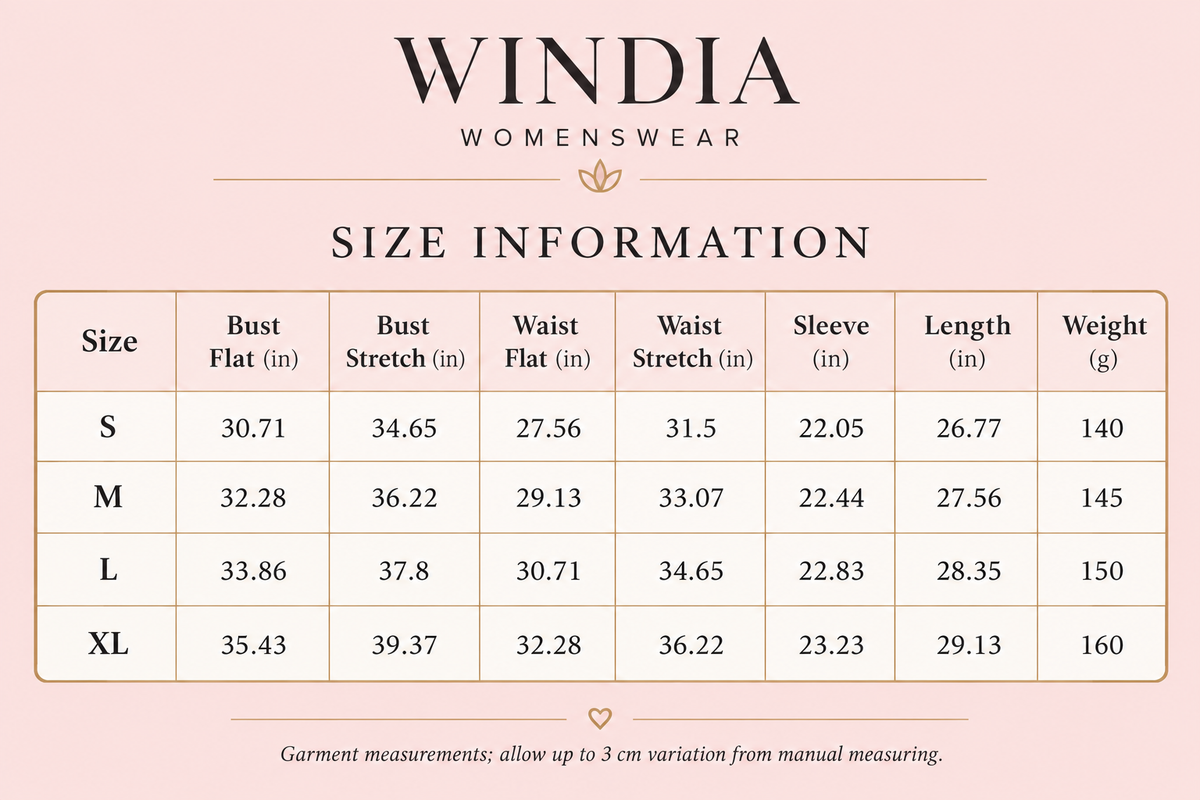 Windia blush and rose-gold size chart
