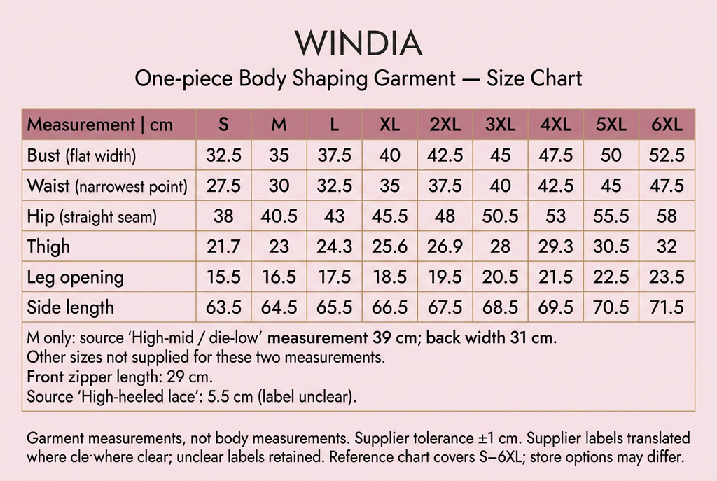 Windia blush-pink and gold size chart