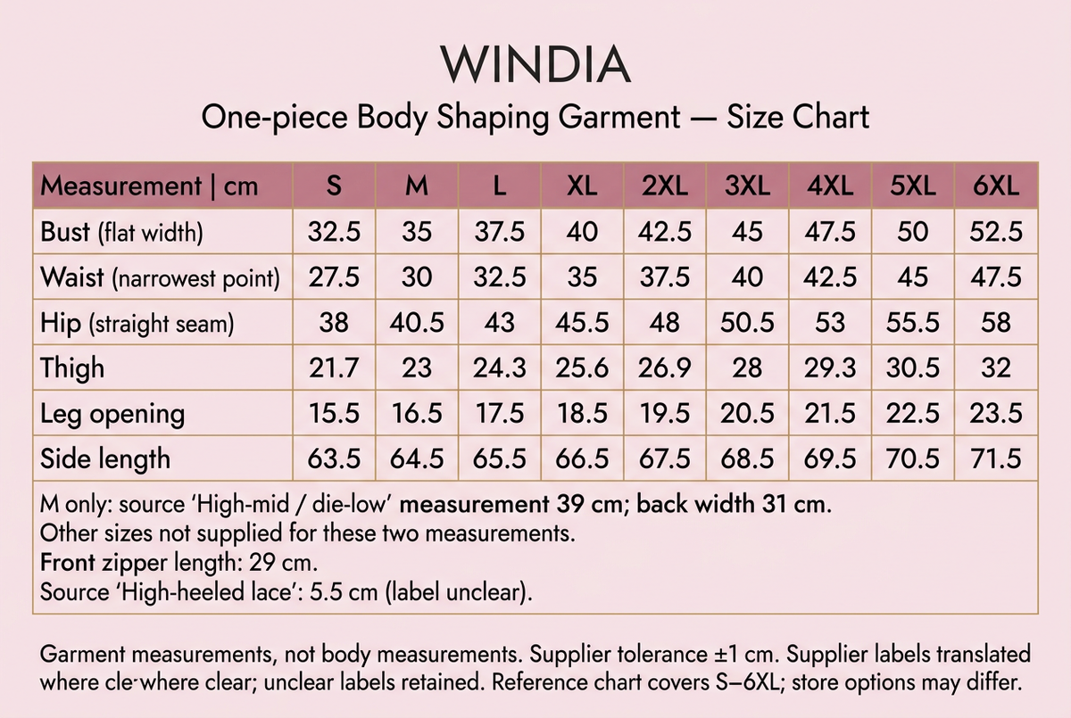 Windia blush-pink and gold size chart