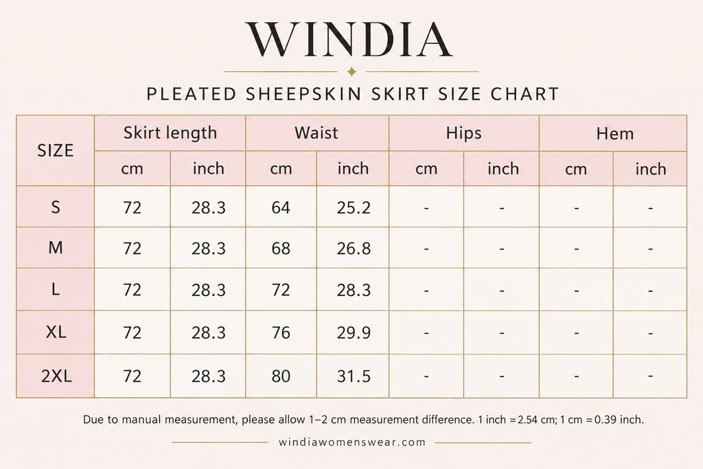 Windia blush-pink and gold skirt size chart