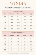 Windia blush-pink and rose-gold dress size chart in inches and centimetres
