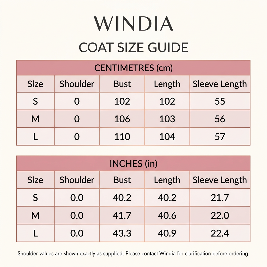 Windia coat size chart in rose-pink, blush and rose-gold