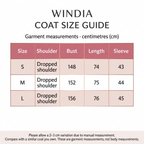 Windia coat size chart in rose-pink, blush and rose-gold