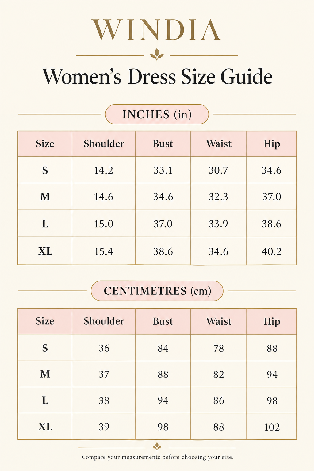 Windia dress size guide in blush pink and gold