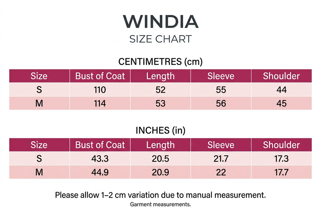 Windia pink-and-white size chart