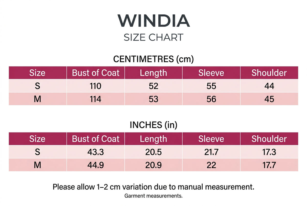 Windia pink-and-white size chart