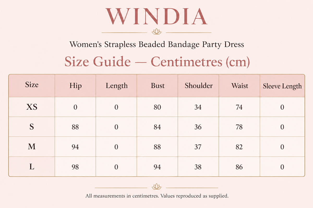 Size Chart in centimetres Women's Strapless Beaded Bandage Party Dress | Windia