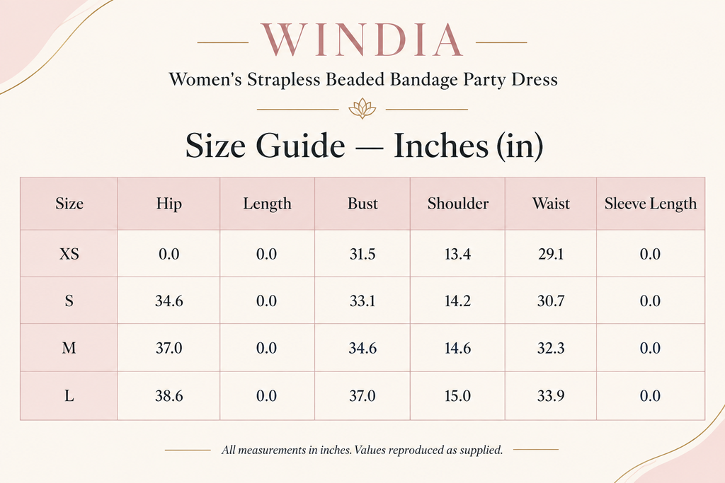 Size Chart in Inches Women's Strapless Beaded Bandage Party Dress | Windia