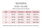 Windia size chart in light pink and white, with bust and waist measurements in inches and centimetres