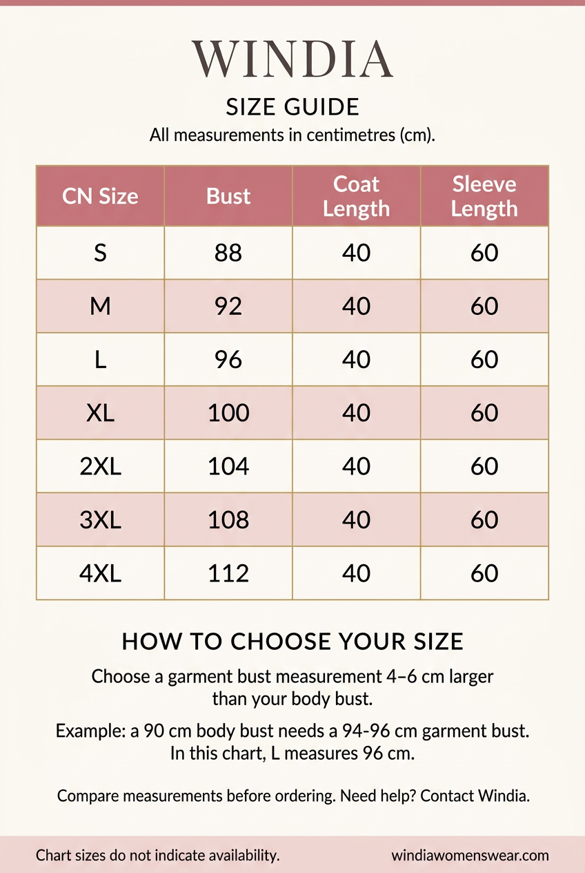 Windia size chart in rose-pink, blush and gold, with S–4XL measurements and fit guidance
