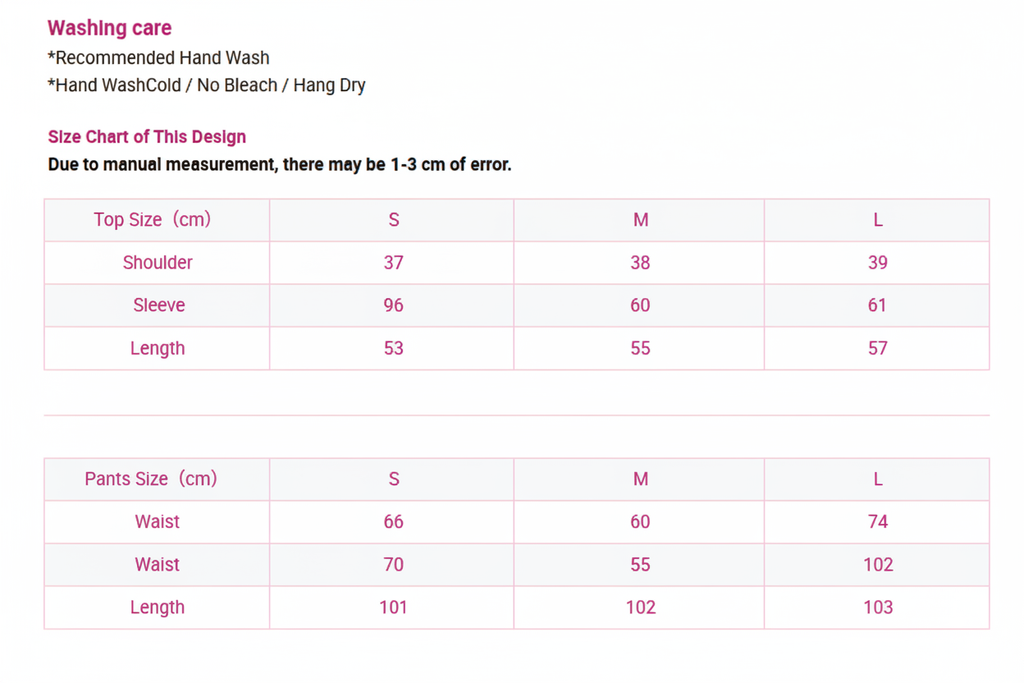 Windia Size Chart Pink