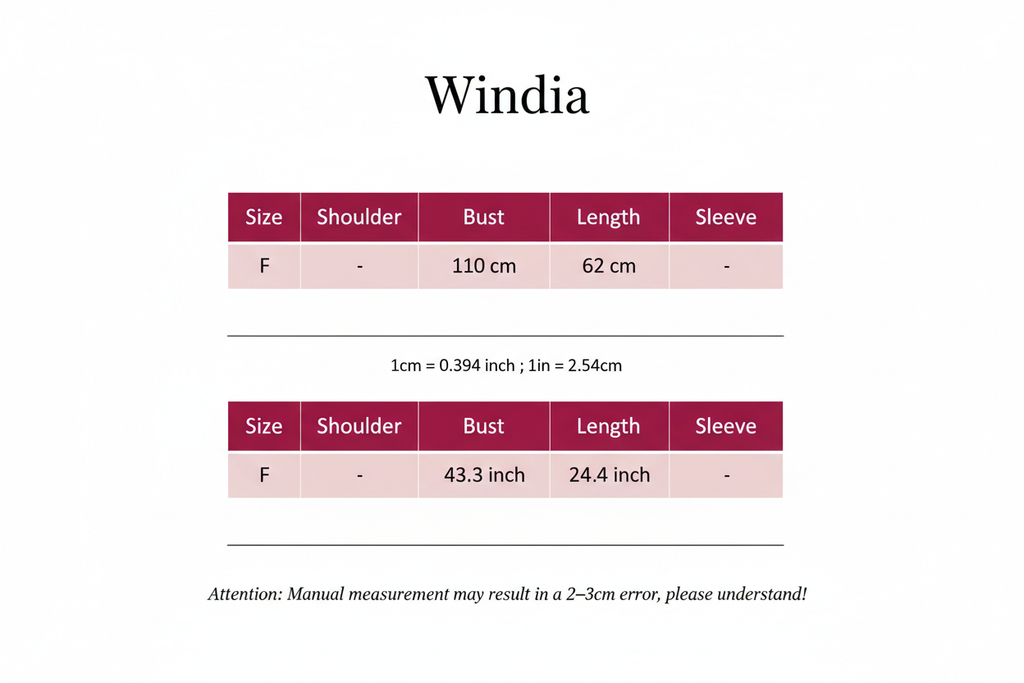 Windia Size Chart