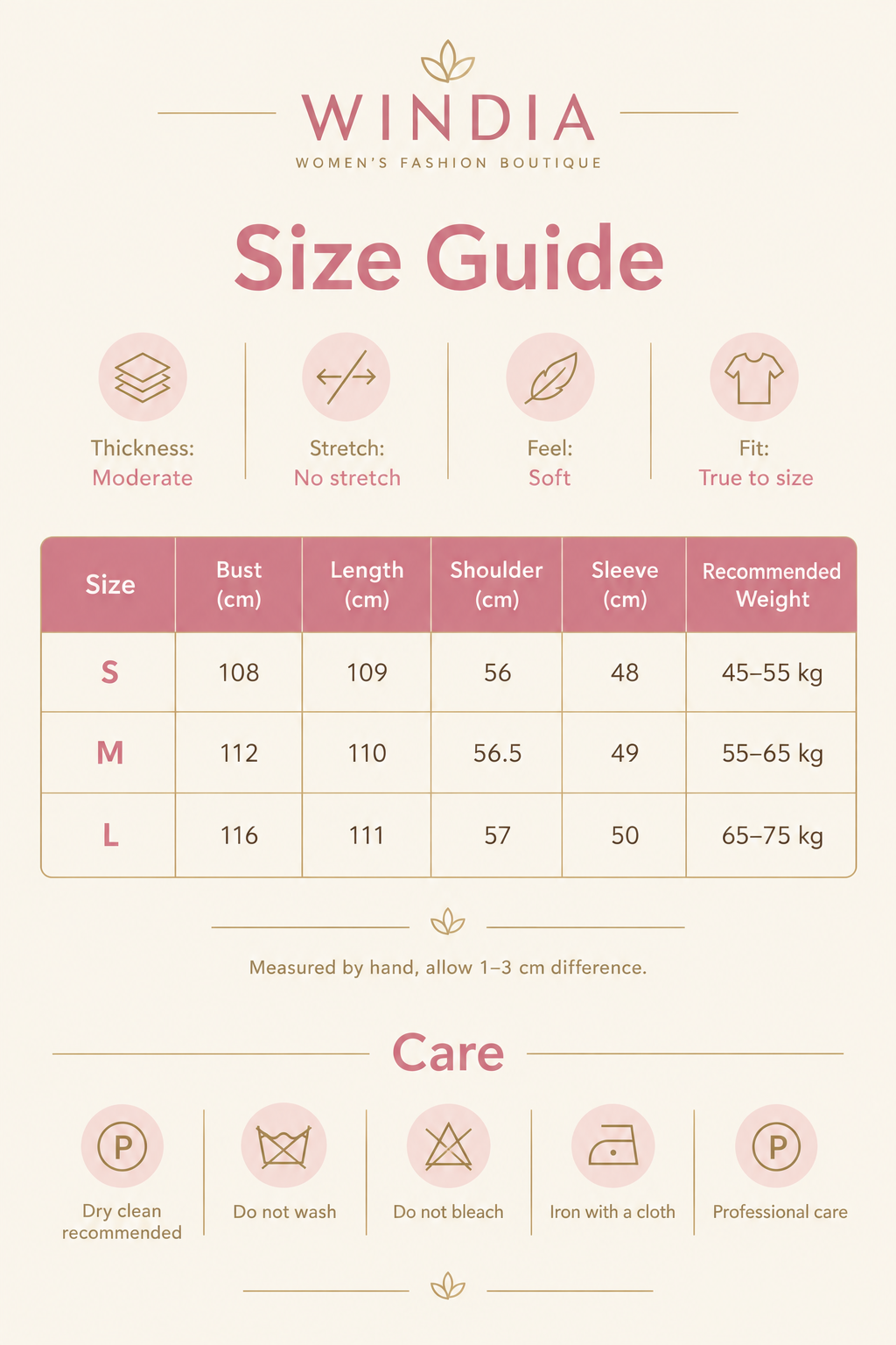 Women's Long Wool Coat | Double-Breasted V-Neck | Windia | Size Chart |