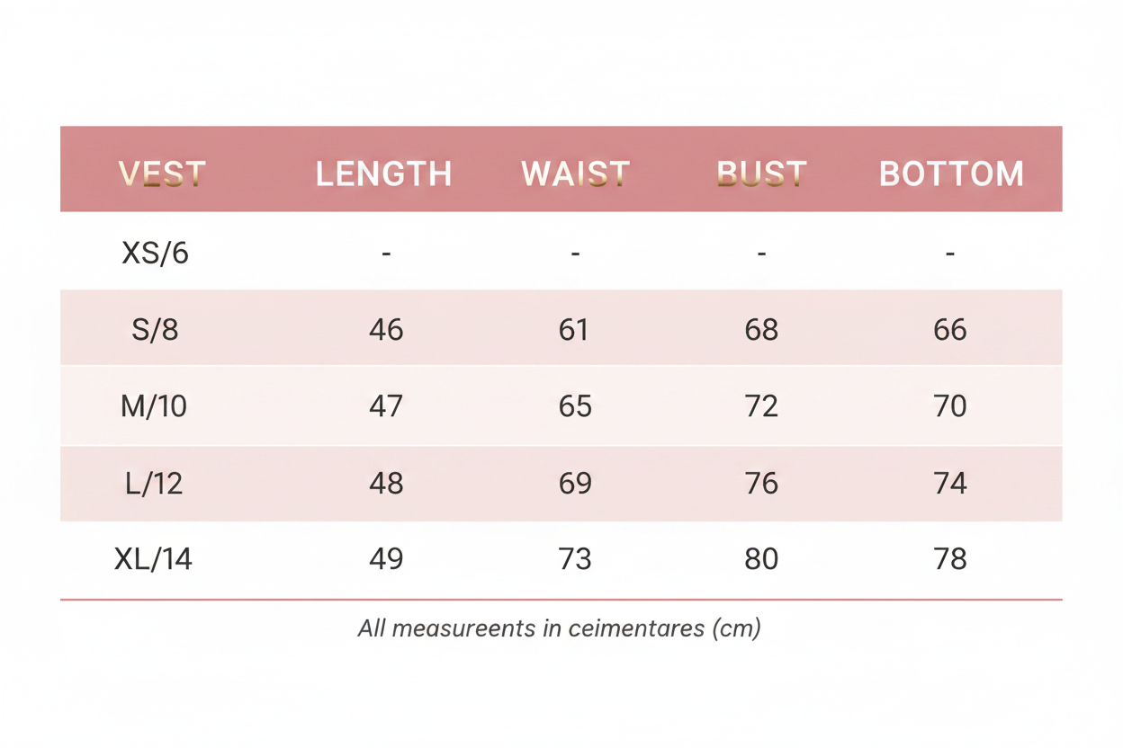 Windia Vest Size Chart – Rose Pink & Gold