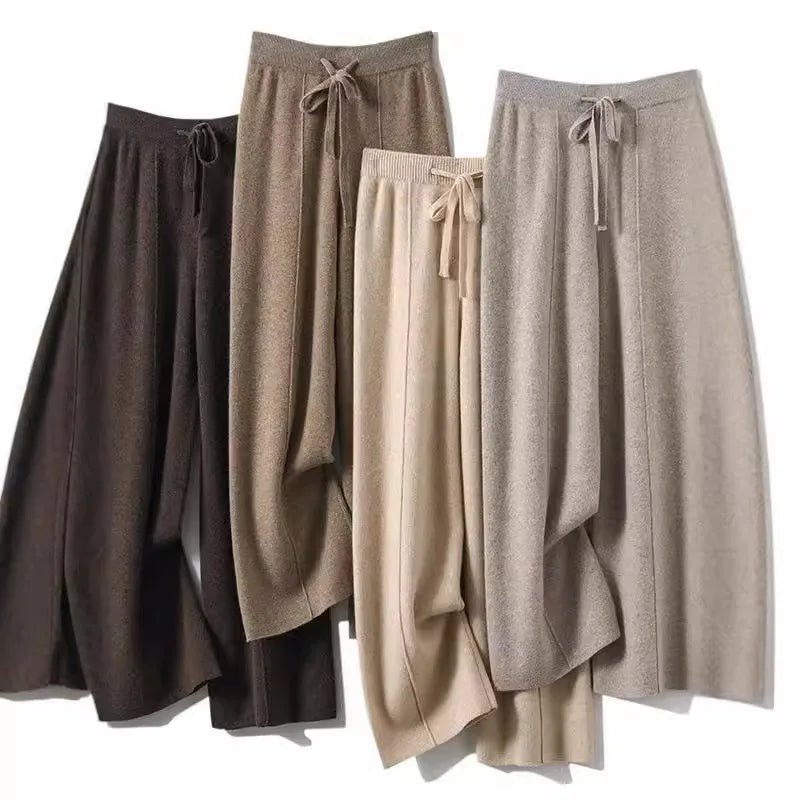 Women's 100% Wool Wide Leg Pants – High Waist Knit Trousers S Windia