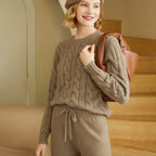 Women's Cashmere Knit Two-Piece Set | Cable Knit Sweater & Wide Leg Pants | Autumn Winter Loungewear L Windia