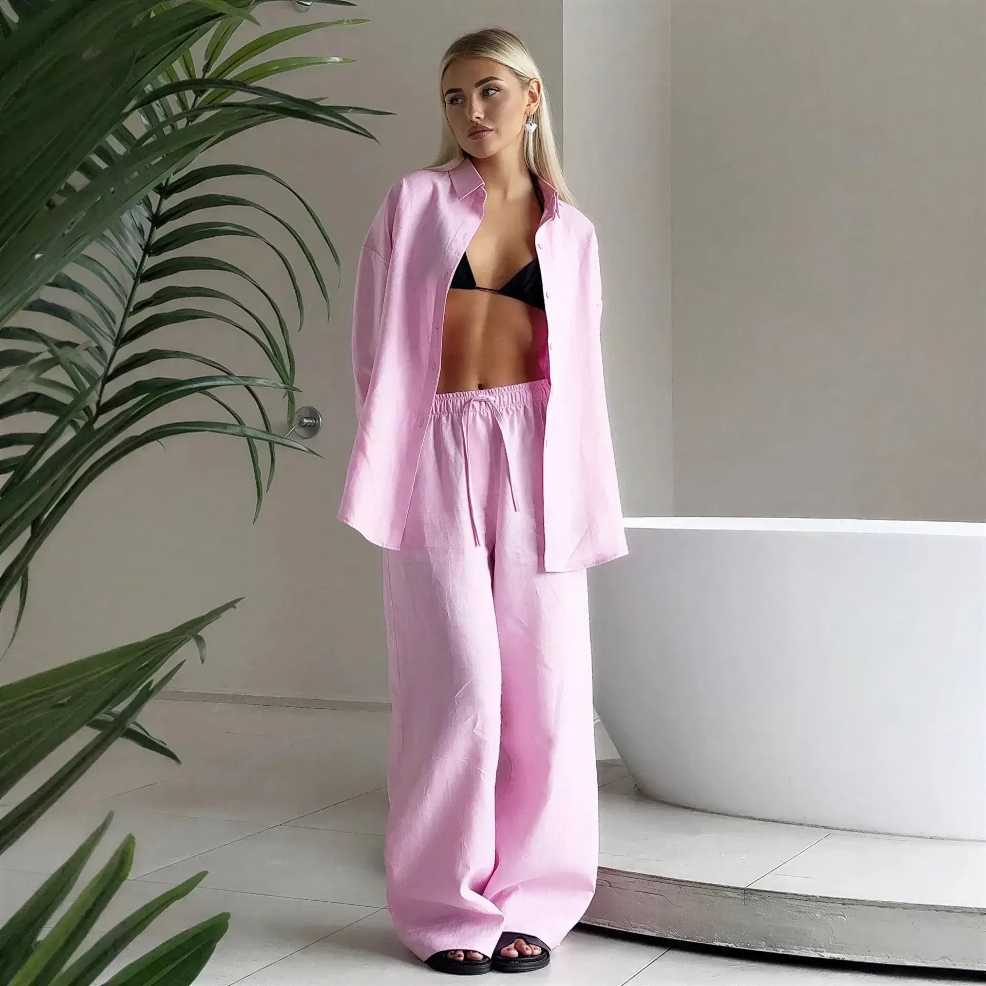 Women's Cotton Lapel Two-Piece Suit – Long Sleeve Top & Drawstring Trousers S Windia